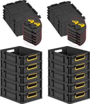 Produktbild von SuperSparSet 10x Eurobox NextGen Color mit Scharnierdeckel und Schiebeschnappverschlüssen | HxBxT 12x30x40cm | 11 Liter | Schwarz | Griffe gelb offen | Eurobehälter, Transportbox, Transportbehälter, Stapelbehälter