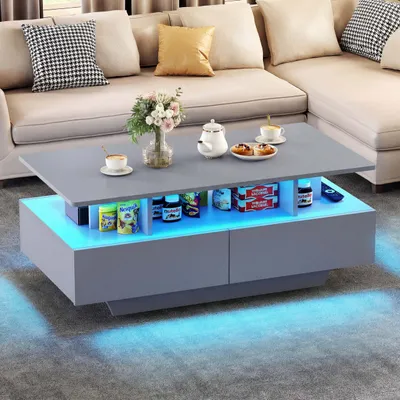 Produktbild von Balconera Couchtisch Grau mit 16-Farbiger LED Beleuchtung, Wohnzimmertisch Hochglanz, Sofatisch mit 4 Schubladen
