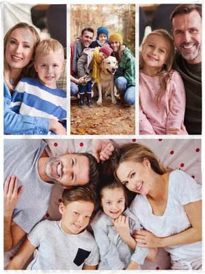A collage of family photos, including a family with a dog in a park and a family lying on a bed.