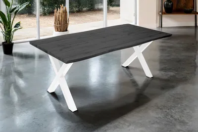 Produktbild von Esstisch Josy | 200 x 100 cm | Holz-Optik in Grau | X-Gestell Metall Weiß | 40 mm Tischplatte mit Baumkante | Tisch für Esszimmer & Küche