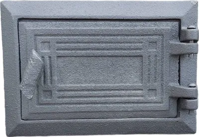 A close-up, front-facing view of a cast iron door, likely for a stove or oven.