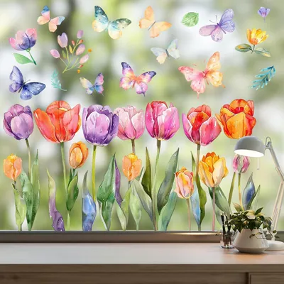 Immagine prodotto di Adesivi per finestre a tema primaverile, 83 pezzi, con motivi di fiori e farfalle, riutilizzabili, in PVC