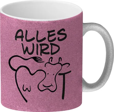 Produktbild von Alles wir KUHt Glitzer-Kaffeebecher in pink zum Thema Bauernhof mit Kuh Motiv