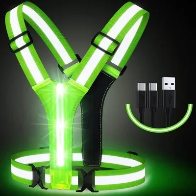 Produktbild von LED-Sicherheitsweste für Joggen mit Sicherheitsleuchten und reflektierenden Streifen, 3 Lichtmodi, USB-Ladefähigkeit.