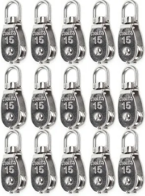 Image de 15 pièces Poulie inox Set 15mm Poulie de renvoi Charge 35kg Poulie de mouflage Equipement d'escalade Design ergonomique Lourde charge Bloc de poulie simple