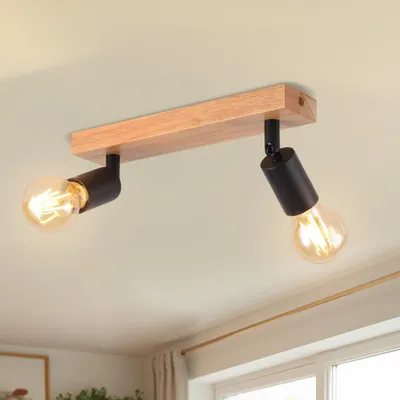 Immagine prodotto di LVWIT Plafoniera a soffitto in legno, 2 luci, nera, attacco E27, set di 2, lampada da soffitto in legno, attacco E27, faretti da soffitto, orientabili a 350°, adatti per soggiorno, camera da letto, cucina (senza lampadine)