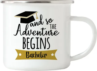 Produktbild von Bachelor Emaille Tasse And so the Adventure Begins Bachelorabschluss Geschenk Absolvent Studium