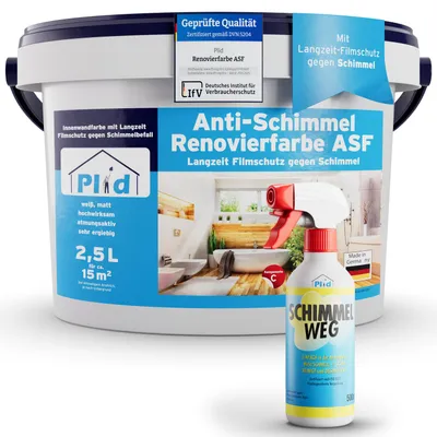 Produktbild von Anti Schimmel Renovierfarbe Weiß 2,5l inkl. Anti-Schimmel Spray für ca. 15m² [DAUERHAFTER SCHIMMELSCHUTZ] alle Wände - Innen Farbe für feuchte Räume