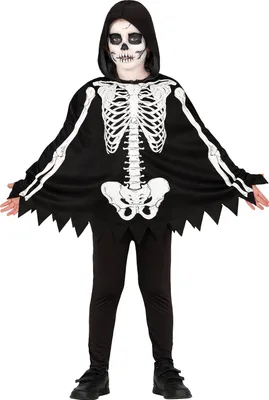Produktbild von Skelett Poncho Grusel Kostüm Kapuze Halloween Horror Outfit Schaurige Verkleidung Nacht Schwarz Weiß Kinder Party, Größe: 128/134 Farbe: Schwarz