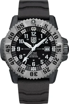 A close-up, front-facing view of a Luminox watch with a black dial and gray bezel.