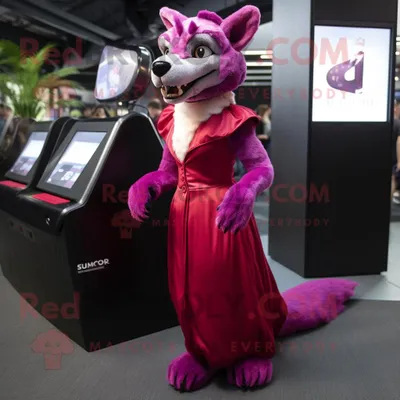 Productafbeelding van Magenta Thylacosmilus mascotte REDBROKOLY kostuum karakter gekleed met een baljurk en pochetten