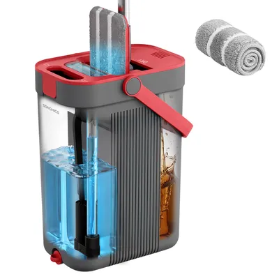 Produktbild von SONGMICS Wischmopp-Set mit Eimer, Bodenwischer, Frisch- und Schmutzwassertrennung, drehbarer Wischkopf, 1 Bezug, grau-rot