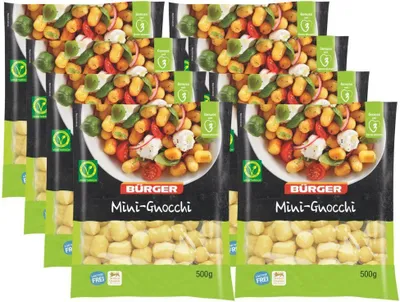 Produktbild von BÜRGER Mini-Gnocchi – zarte italienische Kartoffelklößchen aus ausgewählten Kartoffeln, vielseitige Beilage & Gnocchi-Salate, 8 x 500 g Beutel