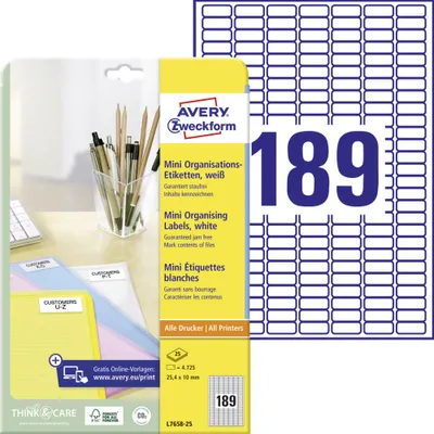 Produktbild von Avery Zweckform L7658-25 Mini-Organisations-Etiketten, A4, 25,4 x 10 mm, 25 Bogen/4.725 Etiketten, weiß