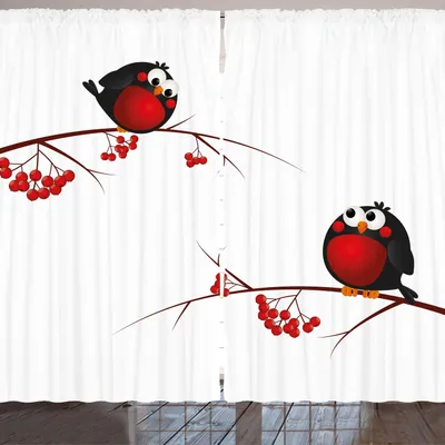 Produktbild von ARANDE Eberesche Gardine, Nette Kinder themed Cartoon-Art-Vögel auf Niederlassungen Lustiger glücklicher Weihnachtsentwurf, 280 x 175 cm, Rot Schwarz Weiß