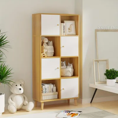Immagine prodotto di Libreria - Scaffale per libri - Mobile contenitore - Libreria a vani - Armadio - Legno - 4 ante - 8 scomparti - 64,5 x 30 x 140,5 cm