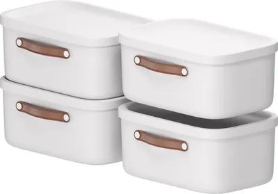 Four white storage boxes with brown handles are stacked and arranged in a way that shows their shape and design.