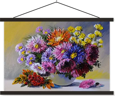 Produktbild von MuchoWow® Textilposter Ölfarbe - Blumen - Stilleben 60x40 cm mit schwarzem Rahmen - Hölzernes