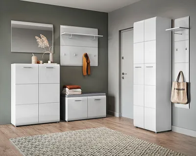 Produktbild von Garderoben-Set 6-teilig mit Garderobenschrank, 2x Garderobenpaneel weiß Hochglanz MALABO-129