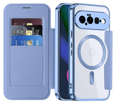 Obrázek produktu pro Pouzdro pro Google Pixel 11 kompatibilní s MagSafe, průhledné pouzdro s držákem karet, kožené pouzdro s ochranou kamery Světle modrá