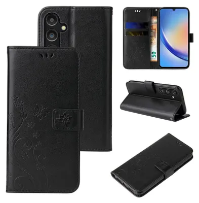 A collage of images showing a black floral and butterfly embossed flip phone case for a Samsung Galaxy A15 / A15 5G.