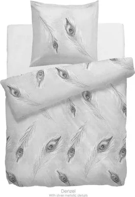 Immagine prodotto di Heckett & Lane - Set da letto in raso Denzel HnL, motivo "Piume di pavone", grigio, 100% cotone, copripiumino con cerniera, federa, set da letto, 135x200 cm