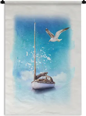 Produktbild von MuchoWow® Wandteppich Wandbehang Boot - Meer - Möwe 90x135 cm Tapisserie Dekoration Wandtuch - Baumwolle - Wandskulptur