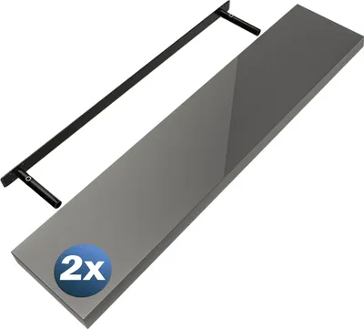 A gray shelf with a black bracket on a white background.