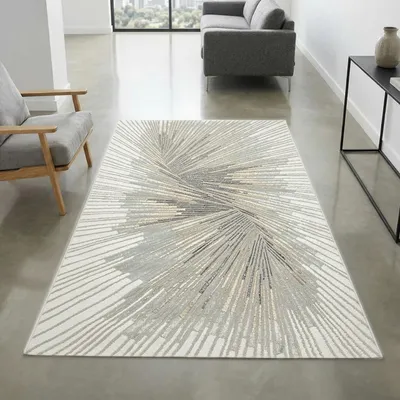 Produktbild von Ein Teppich mit abstraktem Muster und strahlenden Silber-Bronze Glanzfasern Größe - 80 x 150 cm