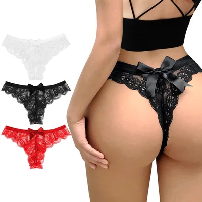 Imagen del producto de Telooco - Pack de 3 tangas de encaje para mujer con lazos - Ropa interior y para novias - Talla M (Blanco, , Rojo)
