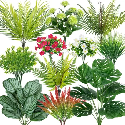Image de 20 lots de plantes artificielles, plantes artificielles réalistes et résistantes aux intempéries pour l'extérieur, plantes artificielles pour balcons, fleurs, fougères, plantes artificielles résistantes aux UV, fleurs artificielles pour le jardin