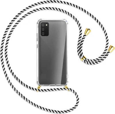 Produktbild von Handykette Backcover-Schutzhülle mit Band (Metall goldfarben) für Samsung Galaxy A02s - schwarz/weiß gestreift