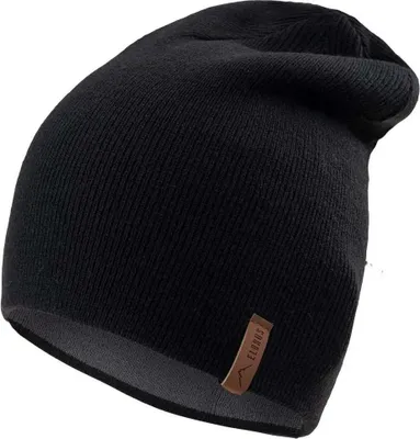 A black beanie hat is shown against a white background.