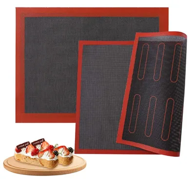 Image de Tapis de cuisson en silicone 2 pièces 40 x 30 cm, tapis de cuisson antiadhésif, tapis de cuisson en silicone perforé pour macarons/biscuits/gâteaux/pain/pizza (noir)