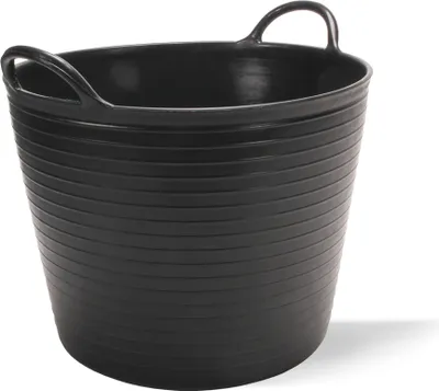 A black plastic tub with handles, shown from a slightly elevated side angle against a white background.