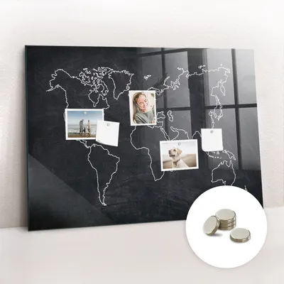 Produktbild von Magnetische Wandtafel aus Glas – Memotafel mit gebogener Vorderseite – Enthält 5 Magnete – 100x70 cm – Umriss einer Weltkarte