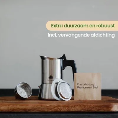 Obrázek produktu pro Espressova kávovar na 4 šálky (200 ml) + redukční sítko. Nerezová ocel. Indukční espressova konvička. Espressova konvička bez obsahu hliníku. Italský kávovar