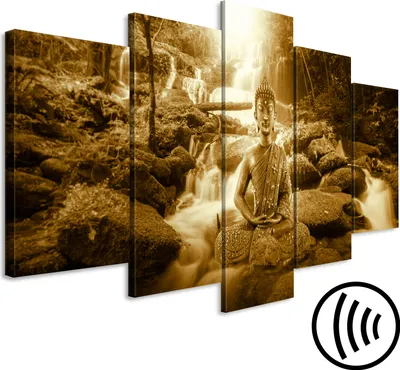 Produktbild von Akustikbild Buddha 200x100 cm Bilder Akustikschaum Hochleistungsschallabsorber Schallschutz Leinwand 5 tlg Wandbild Raumakustik Schalldämmung Wasserfall Zen p-C-0034-b-o