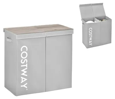 Zdjęcie produktu dla Kosz na bieliznę – pojemnik na bieliznę – z pokrywą – 2 przegrody – 105 l – włóknina – uchwyty do przenoszenia – szary