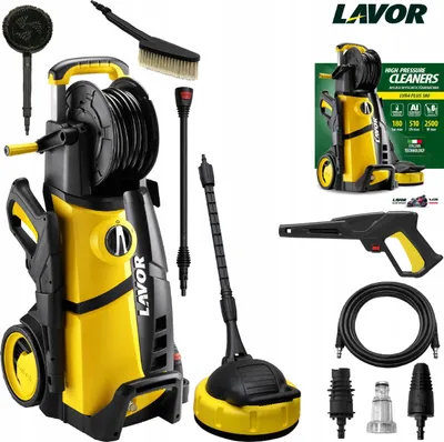 A collage of a yellow and black pressure washer and its accessories, along with marketing material.