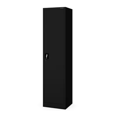 A black metal cabinet with a single door and a lock is shown against a white background.