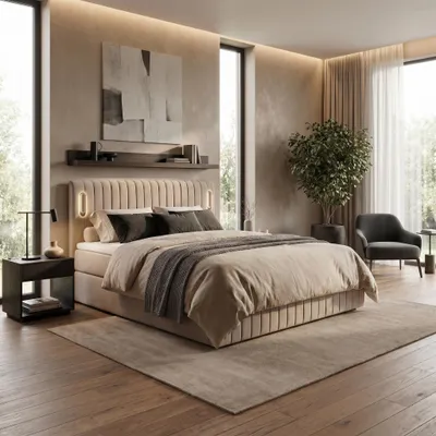 Produktbild von ELVORA DESIGNE Boxspringbett 160x200 cm FLOW mit 2 Bonellmatratzen H3 & Topper, Bettkasten, Beige, KI-generiertes Bild