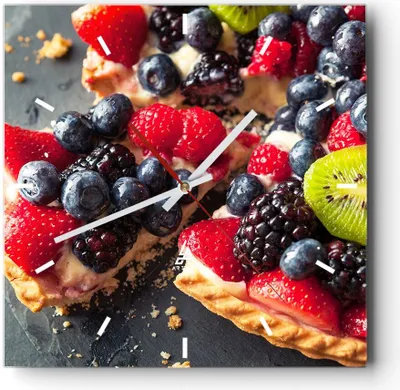 Produktbild von Wanduhr - Quadrat - Glasuhr - Kuchen Dessert Obst Erdbeere - 30x30cm - Schleichendes Uhrwerk - Lautlos - zum Aufhängen bereit - Dekoration Modern - Wanddekoration aus Glas - C3AC30x30-2871