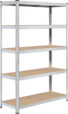 Obrázek produktu pro Regál pro těžké náklady, rozměry 180 x 120 x 45 cm. Skladovací regál s 5 policemi, kovový. Maximální nosnost: 875 kg. Barva: stříbrná