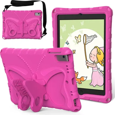 Produktbild von Kinder Hülle für iPad 9,7 2018/2017, iPad Pro 9,7 2016, iPad Air 2 2014/iPad Air 2013 9,7" Leicht Stoßfeste EVA Kindgerechtes Schutzhülle mit Schultergurt, Schmetterlings-Ständer Rosa