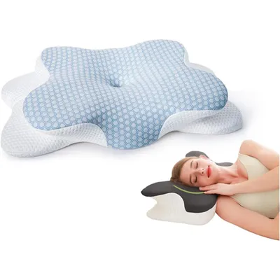 A pillow is shown from two angles: one is a close-up of the pillow itself, and the other shows a woman sleeping on a similar pillow.