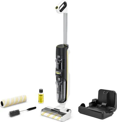 A Kärcher Saugwischer FCV 4 Dry Extra vacuum cleaner and its accessories are displayed against a white background.