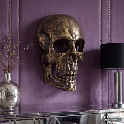 Produktbild von FineBuy Wanddeko Totenkopf Aluminium Gold 41 cm Schädel Groß Wanddekoration Metall Deko Modern Wohndeko Skull Wandskulptur Dekoration Wohnaccessoire, KI-generiertes Bild