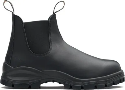 A studio shot of a black leather boot.