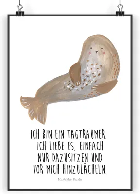 Produktbild von Mr. & Mrs. Panda Bild Robbe Lachen DIN A4 - Weiß - Geschenk, Lustige Sprüche, Wandbild, Kunstdruck, Ostsee, Plakat, Strand, wanddeko, Nordsee, Robben, drucke, Seehund